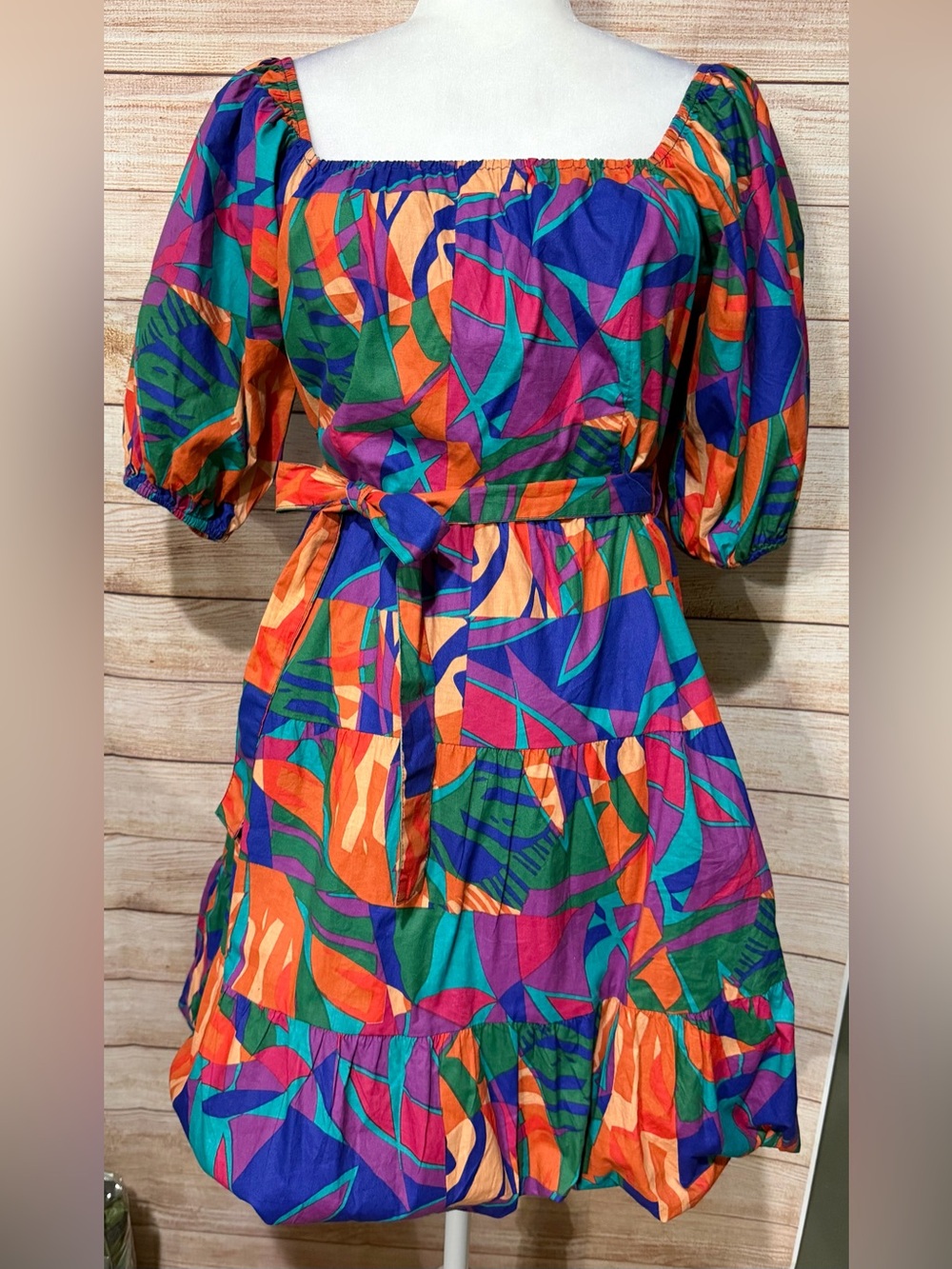 Abstract Multicolor Puff Sleeve Mini Dress with Bubble Bottom
